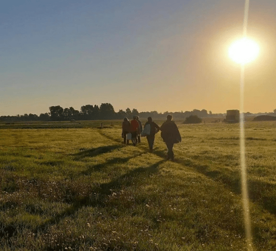 Vijf mensen lopen bij zonsopkomst door een graslandschap. Er is een klein smal paadje door het gras.